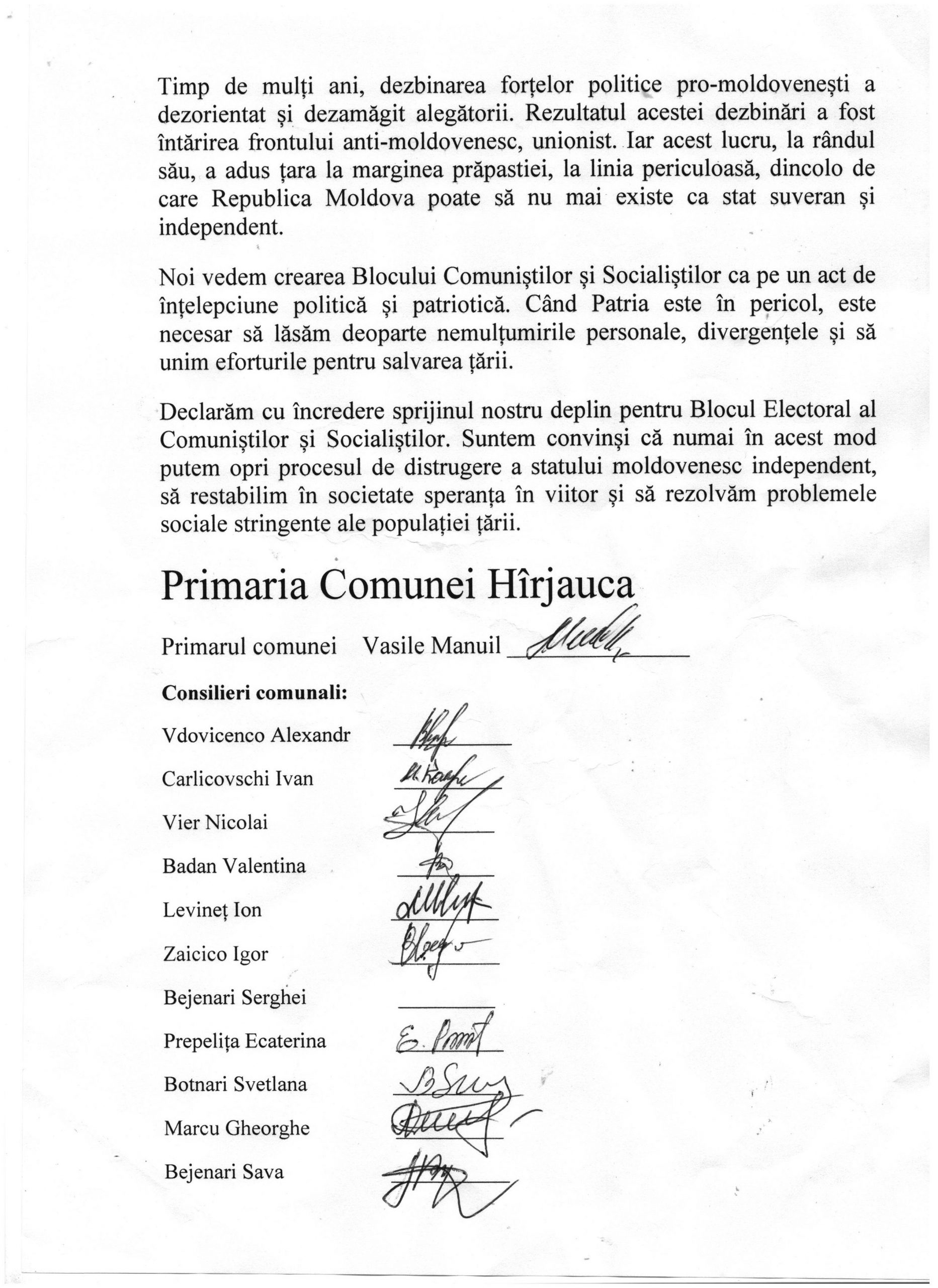 DOC: Aleșii locali din raioanele țării salută crearea blocului electoral al comuniștilor și socialiștilor