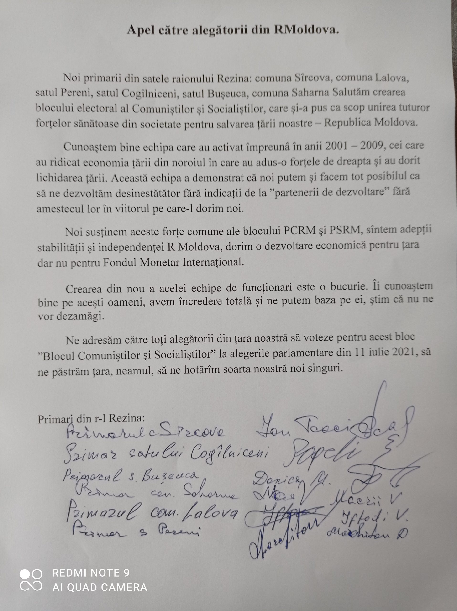 DOC: Aleșii locali din raioanele țării salută crearea blocului electoral al comuniștilor și socialiștilor